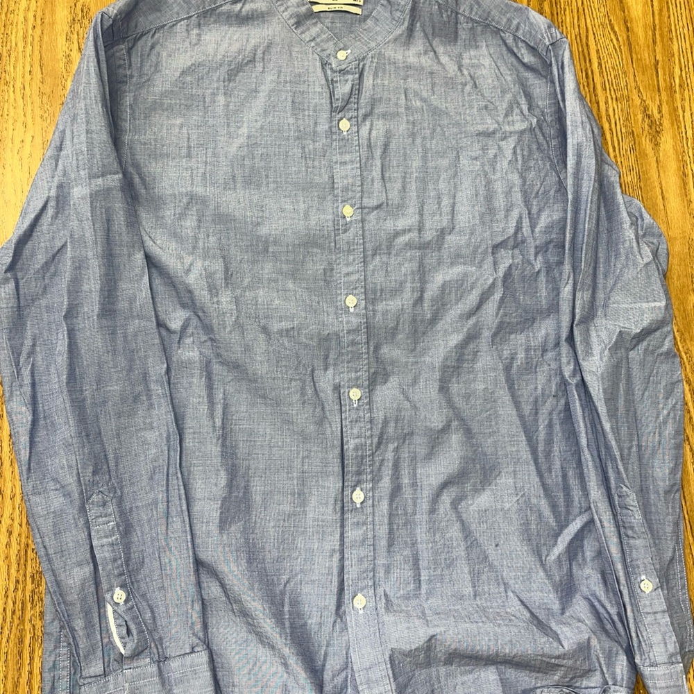 Mango Man Slim Fit Blue Mock Collar Dress Shirt - Medium